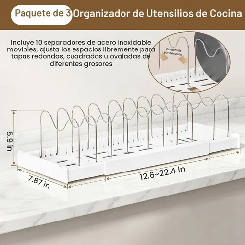 Vista 2 de Paquete de 3 estantes organizadores para ollas y sartenes, estante