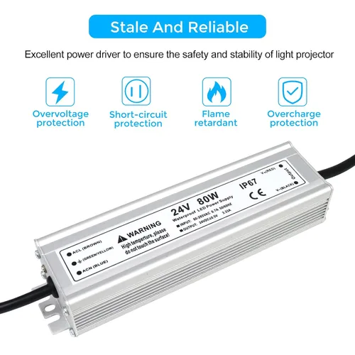 Vista 6 de Fuente de alimentación LED de 24 V, controlador LED de 3.3A 80 W impermeable IP67, convertidor de fuente de alimentación de 90-265 V CA a 24 V CC