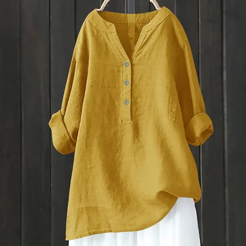 Vista 2 de Blusa de moda con botones para mujer, ajuste holgado, de manga larga, casual, de algodón y lino, 2023