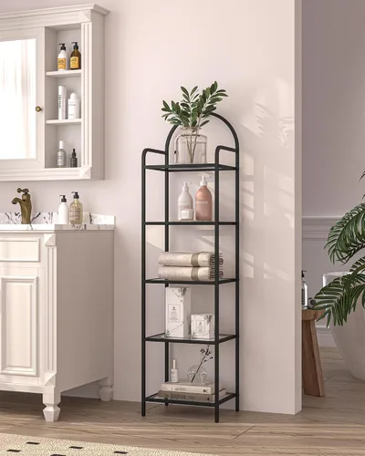 Vista 7 de Hzuaneri Estantería de vidrio templado, estantería delgada para dormitorio, baño, oficina en casa, marco de acero, negro de 6 niveles BC10601B