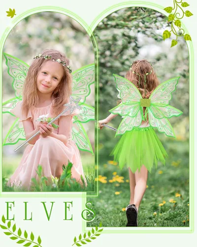 Vista 5 de Hicarer 5 Pcs Butterfly Fairy Wing Costume Set for Women Wing Elf Ear Flower Crown Star Wand Green Tutu Skirt Adult Girl Kid
