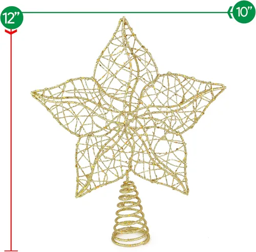 Vista 5 de Ornativity - Estrella con brillantes dorada para la punta del árbol - Estrella de alambre con destellos dorados, flor con pétalos frondosos
