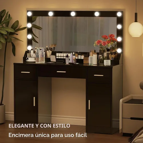 Vista 2 de MIRROTOWEL Escritorio de tocador de 47.5 pulgadas con espejo grande, 3 modos de iluminación de color, brillo ajustable, cómoda con 3 cajones y 2
