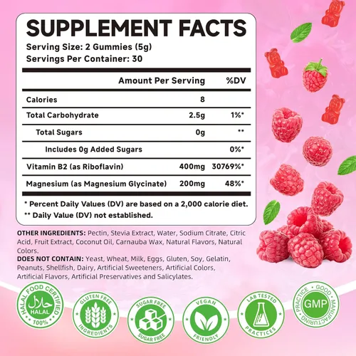 Vista 2 de Gomitas de vitamina B2 Riboflavina de 400 mg con magnesio para niños y adultos, alivio de la migraña, alivio del dolor de cabeza y apoyo del sistema