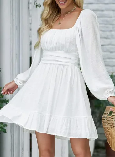 Vista 5 de Dokotoo Vestido largo para mujer, manga farol, cuello cuadrado, lazo sin espalda, vestido sexy con volantes, cintura elástica, acampanado, mini