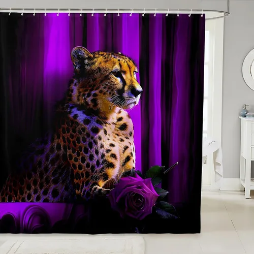 Vista 27 de Cortina de ducha con estampado de leopardo y gato con rosas rojas, 72 pulgadas de ancho x 72 pulgadas de largo, juego de cortina de ducha con flores