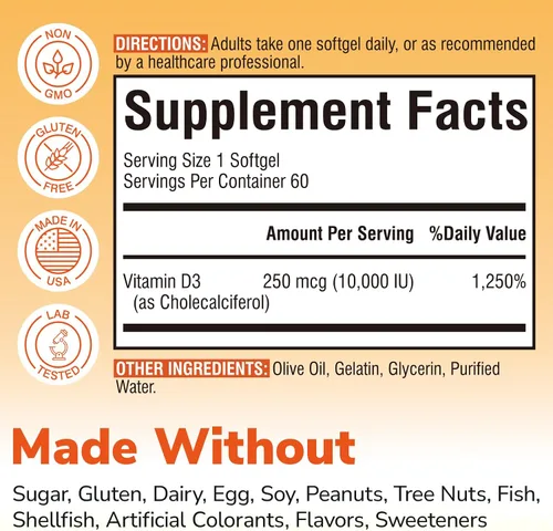 Vista 2 de Vitalibre Vitamina D3 de máxima fuerza 10,000 UI (250 mcg), altamente biodisponible, con aceite de oliva prensado en frío, apoyo inmunológico