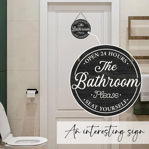 Vista 5 de Divertidos letreros decorativos para baño, con texto en inglés «Bathroom Open 24 Hours Please Seat Yourself», letrero colgante de madera rústica