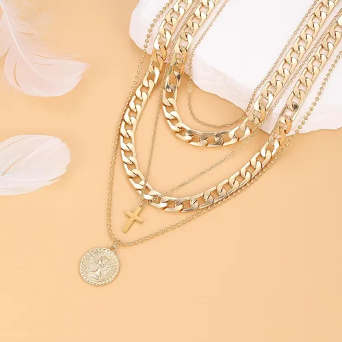Vista 6 de Collares de capas de oro para mujer, gargantilla gruesa, cadena de eslabones, moneda retro de moda, colgante de 14K, collar hecho a mano, delicado