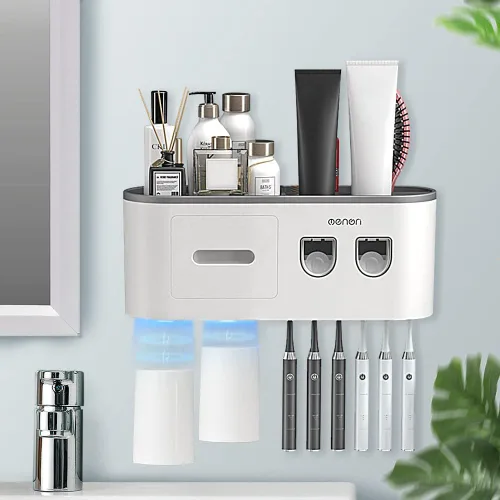 Vista 10 de Soportes para cepillos de dientes montados en la pared, soporte para cepillos de dientes con dispensadores automáticos de pasta de dientes, 6