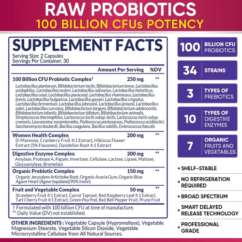 Vista 3 de Wholesome Wellness Probióticos crudos formulados por el Dr. para mujeres, 100 mil millones de UFC + enzimas digestivas 1000 mg más prebióticos
