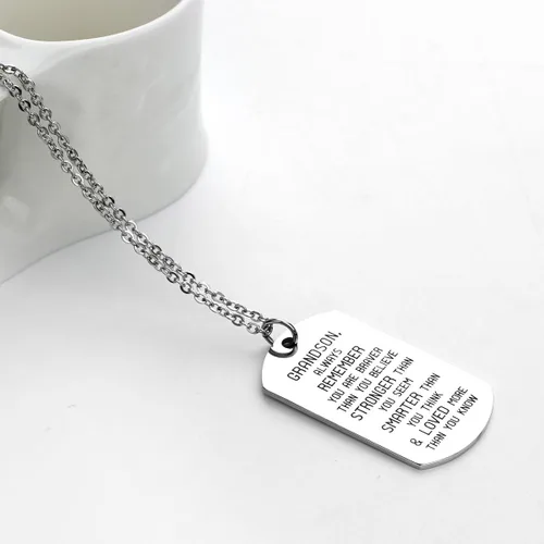 Vista 5 de danjie To My Grandson Dog Tag - Collar con colgante de acero inoxidable militar nieto siempre recuerda que eres más valiente más fuerte de lo que