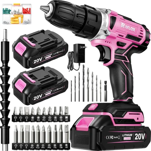 Vista 12 de Juego de taladro inalámbrico, 21+1 par de torsión, taladro eléctrico de 20 V con batería de 2000 mAh y cargador de 2 A, equipado con portabrocas sin