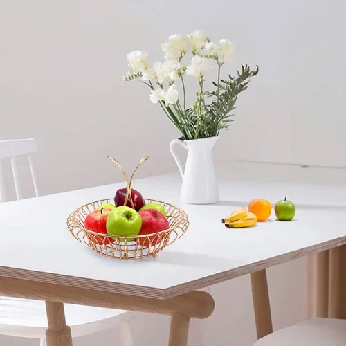 Vista 3 de ALLCENER Frutero para encimera de cocina, cesta de frutas con mango en forma de hoja, soporte de frutas elegante y funcional, canasta dorada
