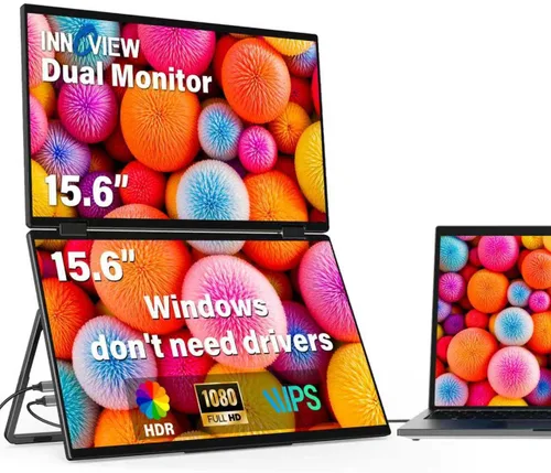 Vista 12 de InnoView Monitor Portátil Dual 4K de 15.6 pulgadas 3840x2160P 100% sRGB Owl Eye Vision - Diseño Plegable con Ajuste de Pantalla de 315°, Soporte