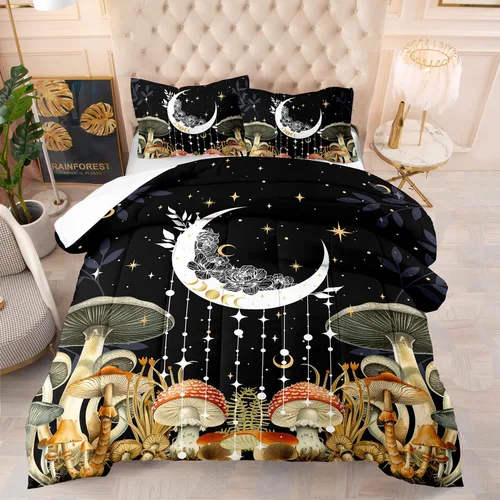 Vista 21 de AILONEN Juego de ropa de cama de 3 piezas, 1 edredón + 2 fundas de almohada, diseño floral adornado y medallones tonales para dormitorio gótico
