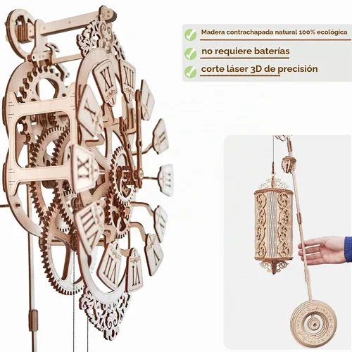 Vista 7 de Reloj de pared con péndulo de madera para construir, reloj de pared de madera de bricolaje grande - Sin baterías - Puzzle de madera 3D - Reloj