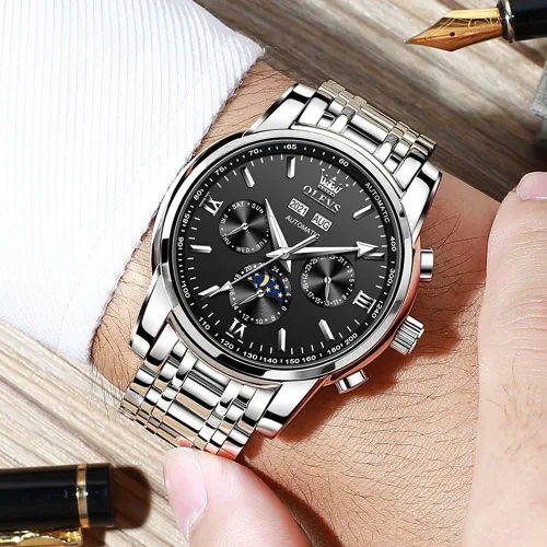 Vista 5 de OLEVS - Reloj mecánico automático Tourbillon Slef-Wind, lujoso, de acero inoxidable, resistente al agua, luminoso y con fecha