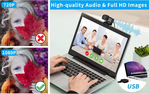 Vista 3 de Cámara web HD 1080P con micrófono y cubierta de privacidad, cámara USB Plug & Play, cámara web de enfoque fijo de gran angular de 120°