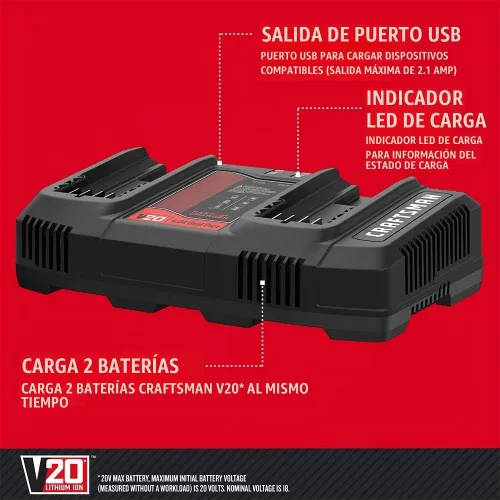 Vista 2 de CRAFTSMAN Cargador de batería para herramientas eléctricas de doble puerto de iones de litio V20 2Ah (CMCB124)