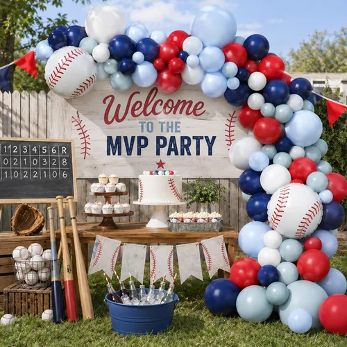 Vista 3 de FunHot Kit de guirnalda de arco de globos de béisbol, guirnalda de globos azul marino y rojo con globos blancos, globos de papel de aluminio de Azul