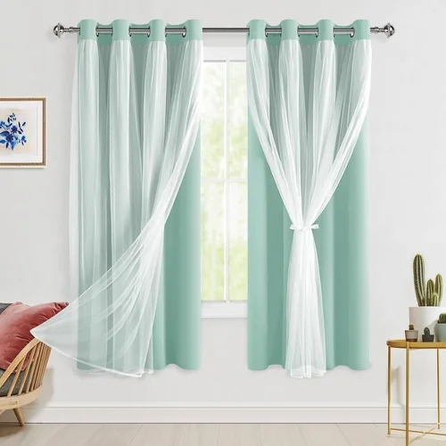 Vista 74 de Hiasan Cortinas opacas con superposición transparente, aislamiento térmico para mezclar y combinar de doble capa, cortinas de oscurecimiento de Beige