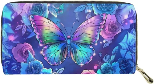 Vista 2 de FOR U DESIGNS Cartera larga con cremallera alrededor de las mujeres de la PU del teléfono del embrague de la tarjeta del, Mariposa estética arco iris