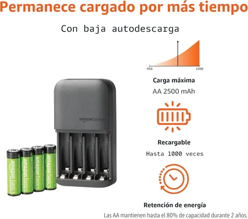 Vista 2 de Amazon Basics Cargador de batería de 4 bahías para baterías recargables AA y AAA con baterías AA NiMh precargadas, funcionamiento LED, enchufe tipo