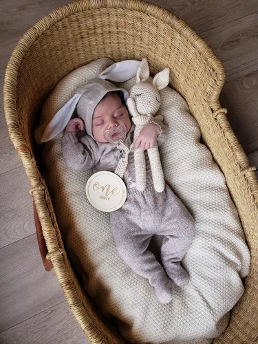 Vista 5 de Gorro de conejo para bebé, estilo vintage, algodón, lino, con orejas de conejo de terciopelo, sombrero de Pascua