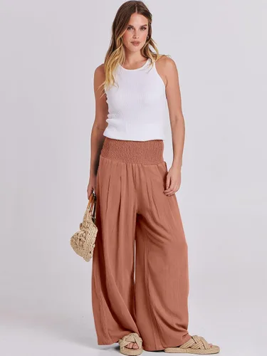 Vista 5 de Caracilia Pantalones palazzo de lino para mujer, estilo bohemio, pierna ancha, cintura alta, fruncidos, informales, con bolsillo