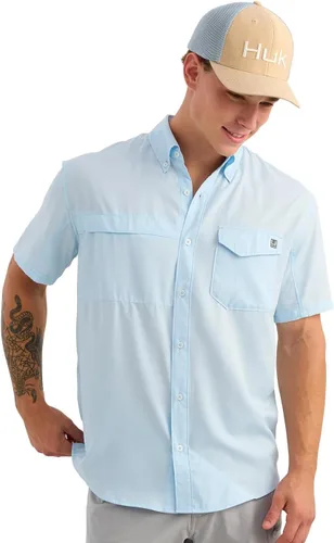 Vista 31 de HUK Men's Tide Point Kc Scott Original Artwork Short Sleeve Shirt, Fishing Button Down Negro