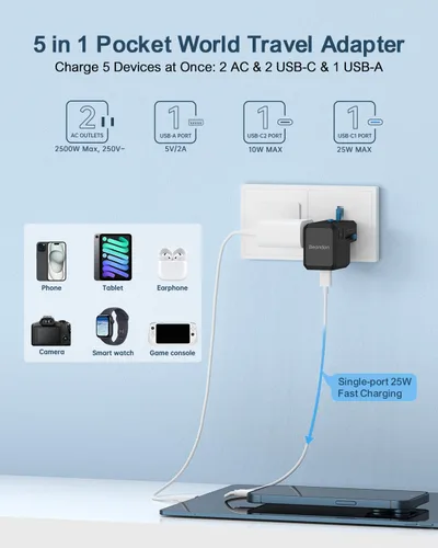 Vista 2 de BEONDON Adaptador de viaje universal, cargador USB-C de 25 W, enchufes de negro (Black-25)