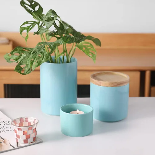Vista 4 de Sweejar Kitchen Canisters - Tarro de cerámica para almacenamiento de alimentos, recipientes apilables con tapa de madera y sello hermético