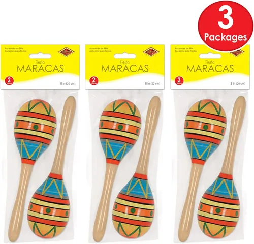 Vista 2 de Beistle 6 Maracas de madera para fiesta temática mexicana del Cinco de Mayo, 8 pulgadas, multicolor