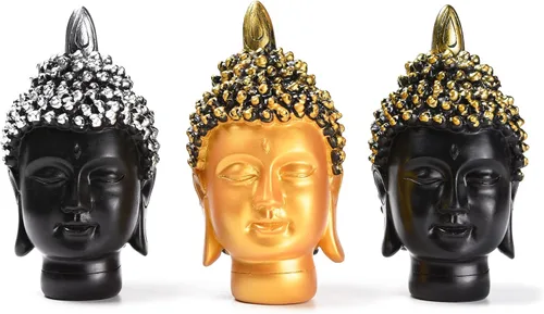 Vista 7 de BRABUD Estatua de cabeza de Buda de resina, estatua asiática, zen, decoración para el hogar, oficina, tienda, escritorio, decoración, negro y Negro