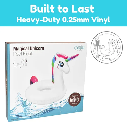 Vista 5 de Flotador mágico de coco para piscina de unicornio para exteriores, anillo inflable gigante para piscina, tubo de descanso duradero y juguete