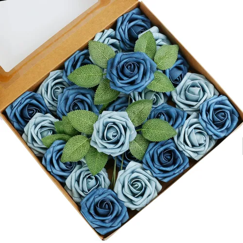 Vista 28 de Higfra Flores artificiales, 25 unidades, rosas falsas de espuma negra de aspecto real con tallos para ramos de boda, centros de mesa de despedida