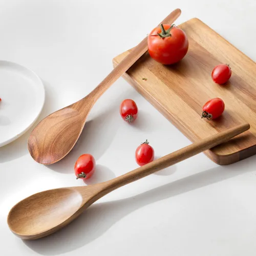 Vista 6 de 2 cucharas de madera de acacia para cocinar, cucharas de cocina de acabado liso de 14 pulgadas, cucharas de madera de agarre cómodo para cocinar