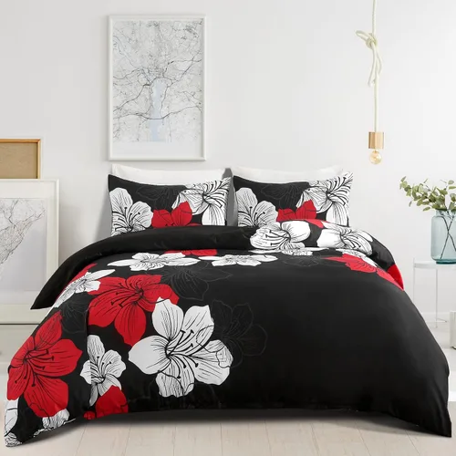 Vista 10 de DJY - Juego de funda de edredón de 3 piezas, tamaño queen, negro y blanco con patrón floral, elegante funda de edredón boho floral con 2 fundas