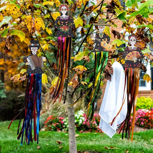 Vista 7 de codree 4 decoraciones colgantes de calavera de azúcar del día de los muertos, 27.5 x 5 pulgadas de diámetro de los muertos, decoraciones colgantes
