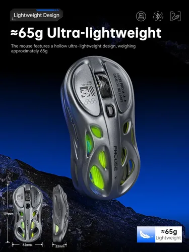 Vista 3 de FMOUSE Ratón inalámbrico para juegos, trimodo (2.4 G/Bluetooth/cableado), 4800 DPI, 1000 Hz ergonómico hueco RGB recargable tipo C para Gris