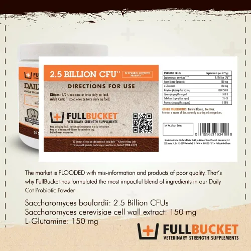 Vista 5 de FullBucket Daily Cat - Polvo probiótico para diarrea, gases y apoyo a la salud intestinal y estomacal con prebióticos y enzimas, 30 porciones