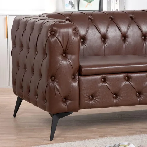 Vista 6 de Sofá Chesterfield de 84 pulgadas, piel sintética, cojín extraíble tradicional con brazo cuadrado de 3 plazas, ribete de botón copetudo con patas