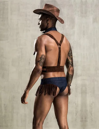 Vista 3 de Disfraz de vaquero para hombre, disfraz de cosplay de esmoquin sexy, conjunto de lencería para juegos de rol, uniforme de bar gay y club nocturno