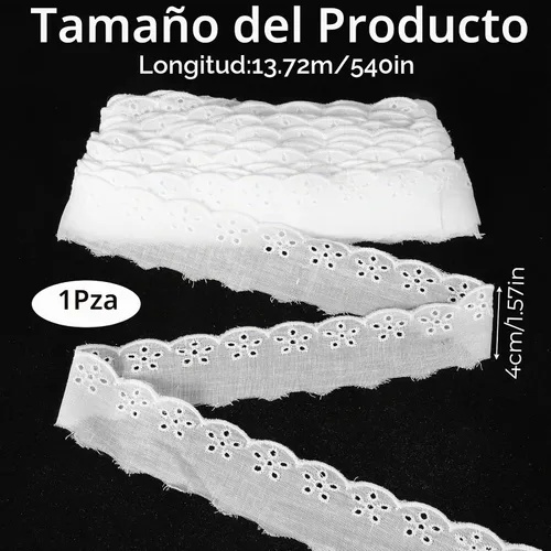 Vista 2 de Cinta de encaje de algodón blanco de 15 yardas, borde ondulado, bordados florales con volantes para coser vestidos, ropa, bolsas, muñecas, ropa