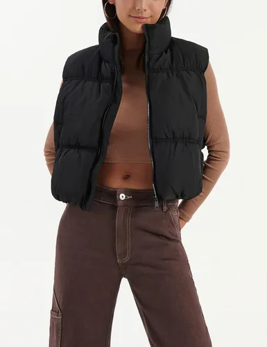 Vista 2 de EsheSy Chaleco acolchado recortado para mujer, cuello alto, cremallera completa, sin mangas, chaqueta acolchada cálida