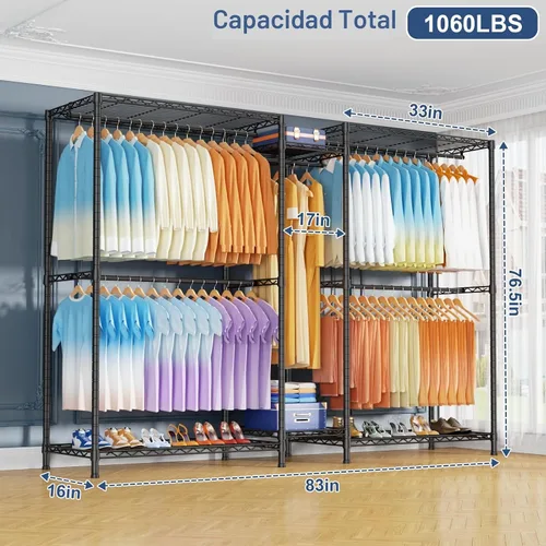 Vista 2 de Ulif E12 Max - Perchero independiente resistente con estantes, sistema de almacenamiento de ropa de metal para colgar ropa, 83 pulgadas de ancho x