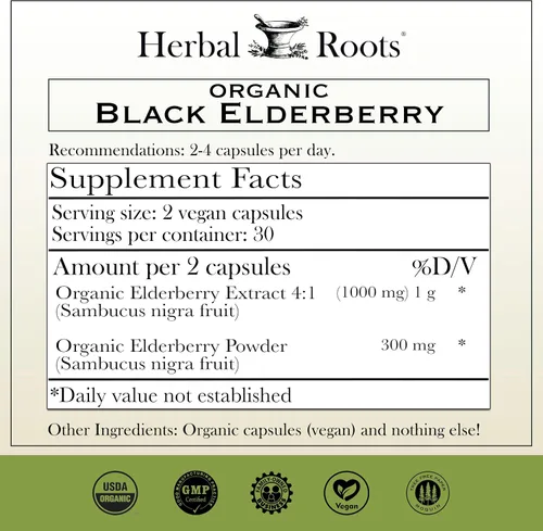 Vista 2 de Herbal Roots - Cápsulas orgánicas de saúco negro, fuerza máxima, certificado por USDA orgánico, apoyo inmunológico, 60 cápsulas veganas
