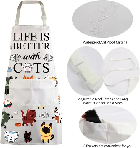 Vista 5 de MBMSO Delantal para gatos con bolsillos, delantal de cocina para gatos, divertido delantal de cocina para gatos, regalo para amantes de los gatos