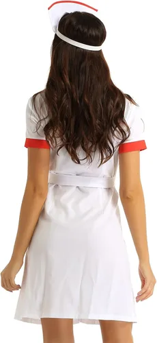 Vista 4 de Oyolan Disfraz sexy de enfermera traviesa para mujer, disfraz de cosplay de uniforme acampanado, con sombrero